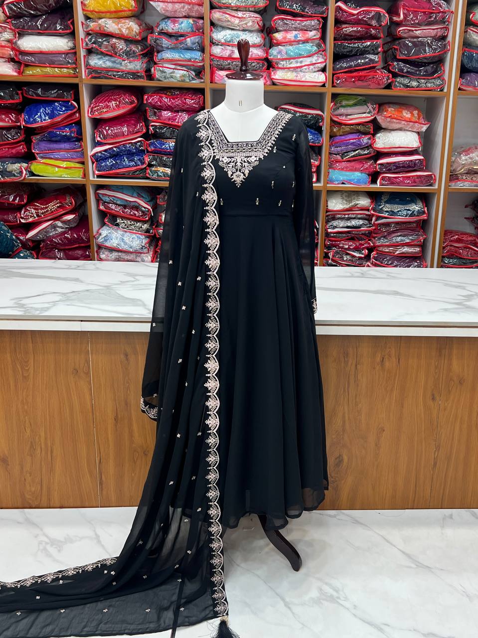 black Anarkali suit in soft Fox Georgette with 6.5-meter flair, beads & zari embroidery, lace sleeves & embroidered dupatta – stitched & ready-to-wear.