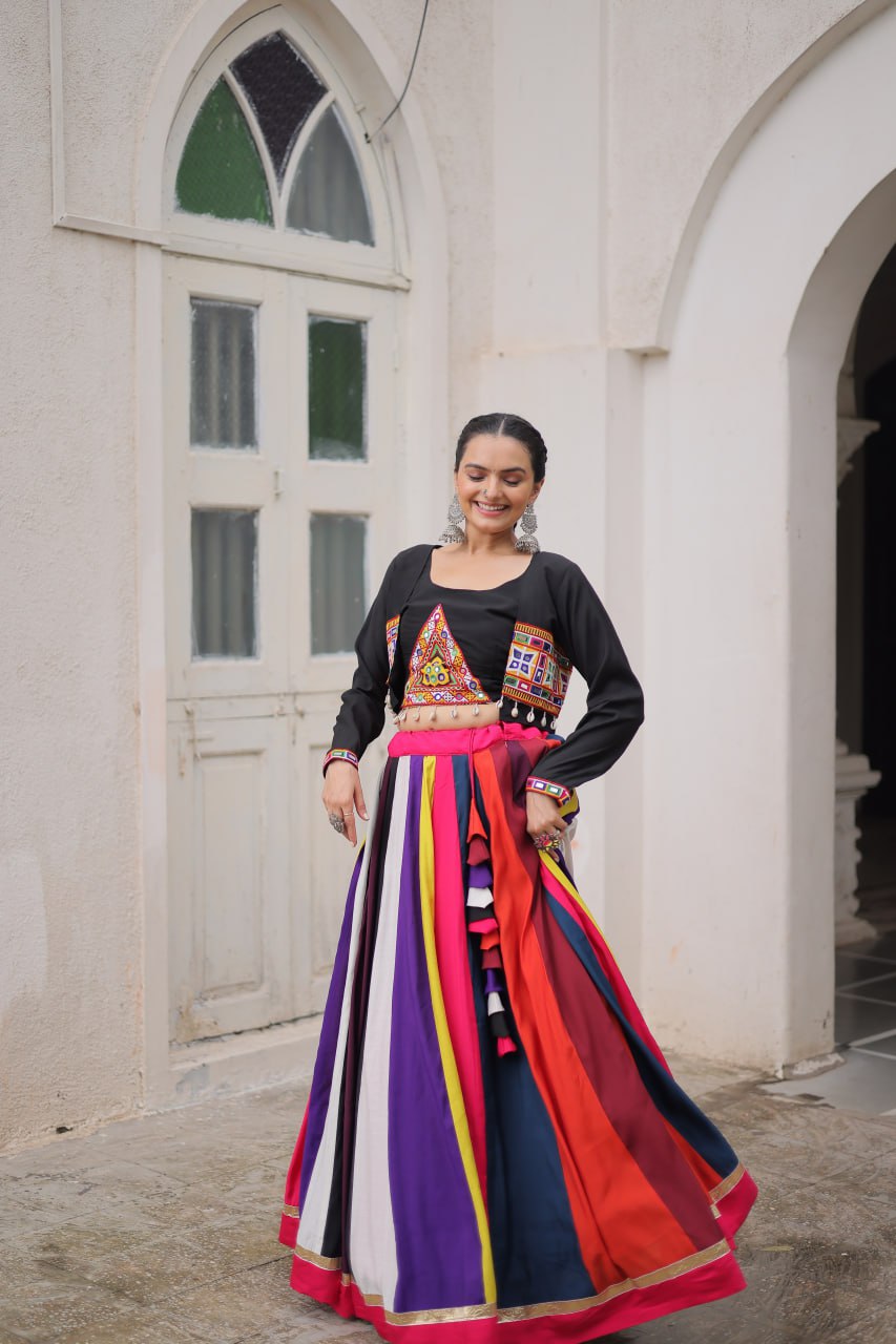 Multicolor Pure Rayon Navratri Lehenga Choli with Koti Style Blouse