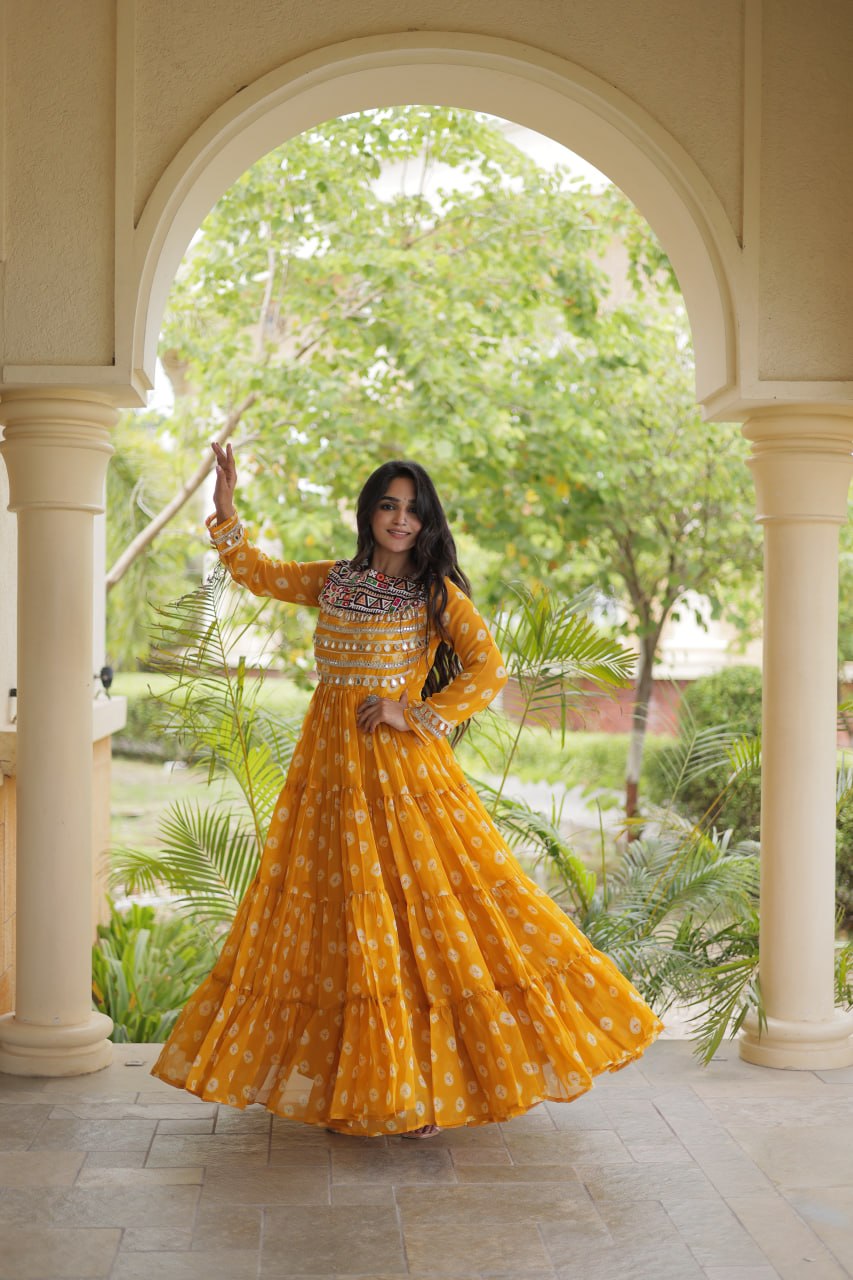 Lavanya Yellow Faux Georgette Bandhani Kutchi Patchwork Gown