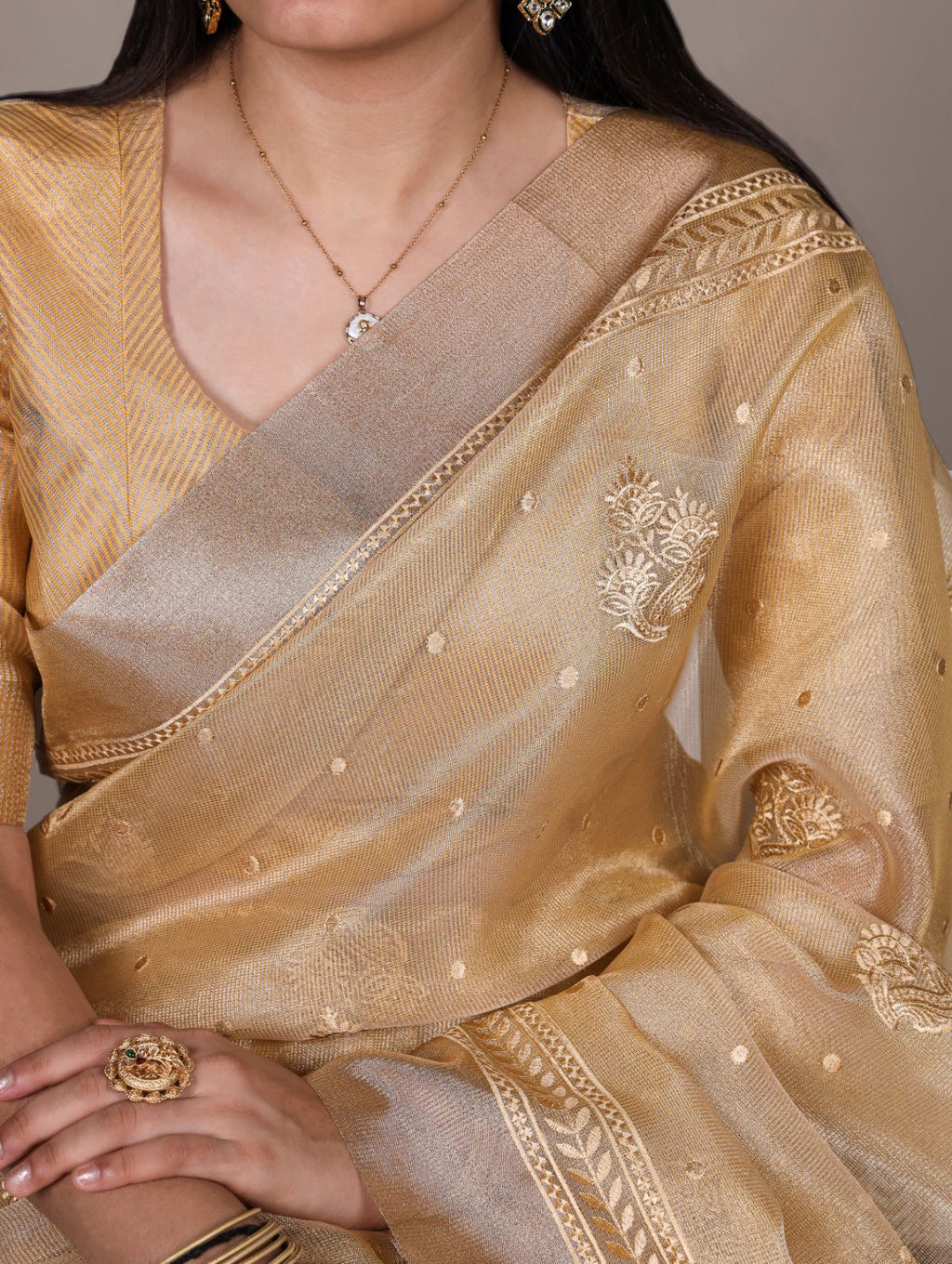 Yellow Color Poly Shimmer Thread Embroidered Saree with Unstitched Blouse