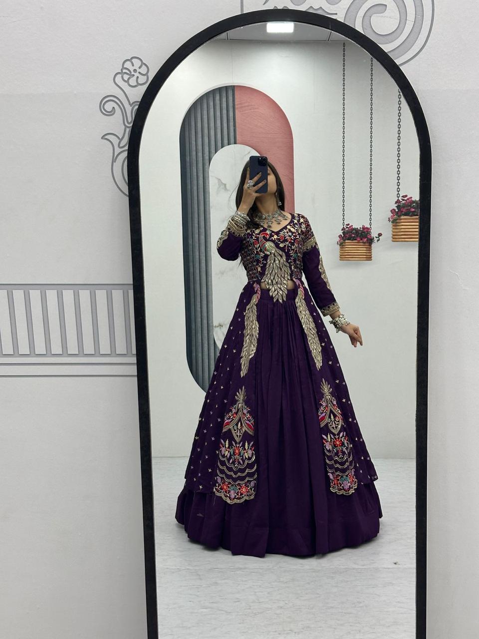 Mani purple Vichitra silk crop top peacock design lehenga with embroidered shrug