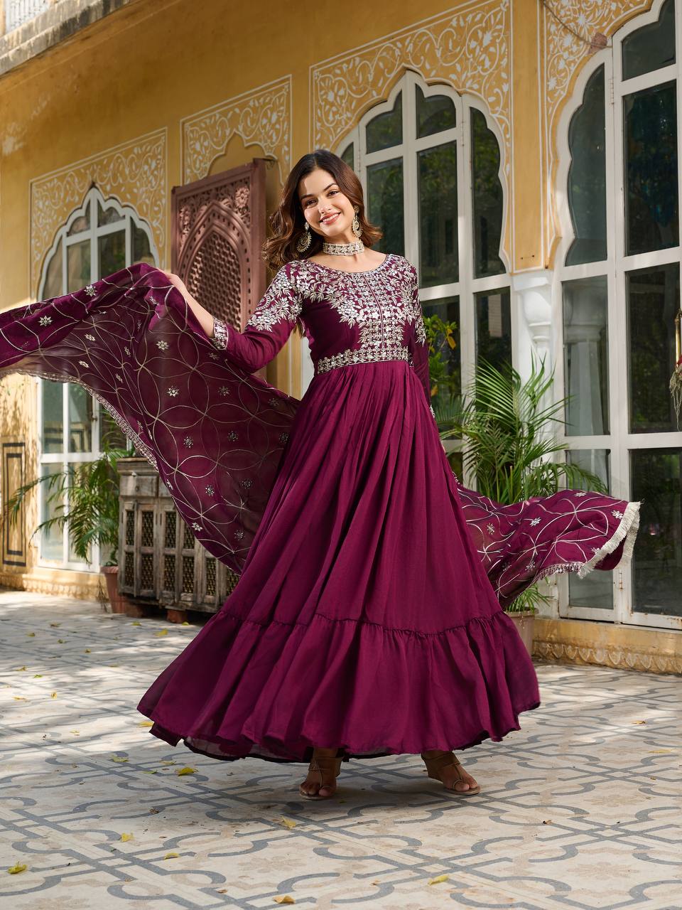 Piya Wine Color Vichitra Silk Sequins Embroidered Gown with Dupatta
