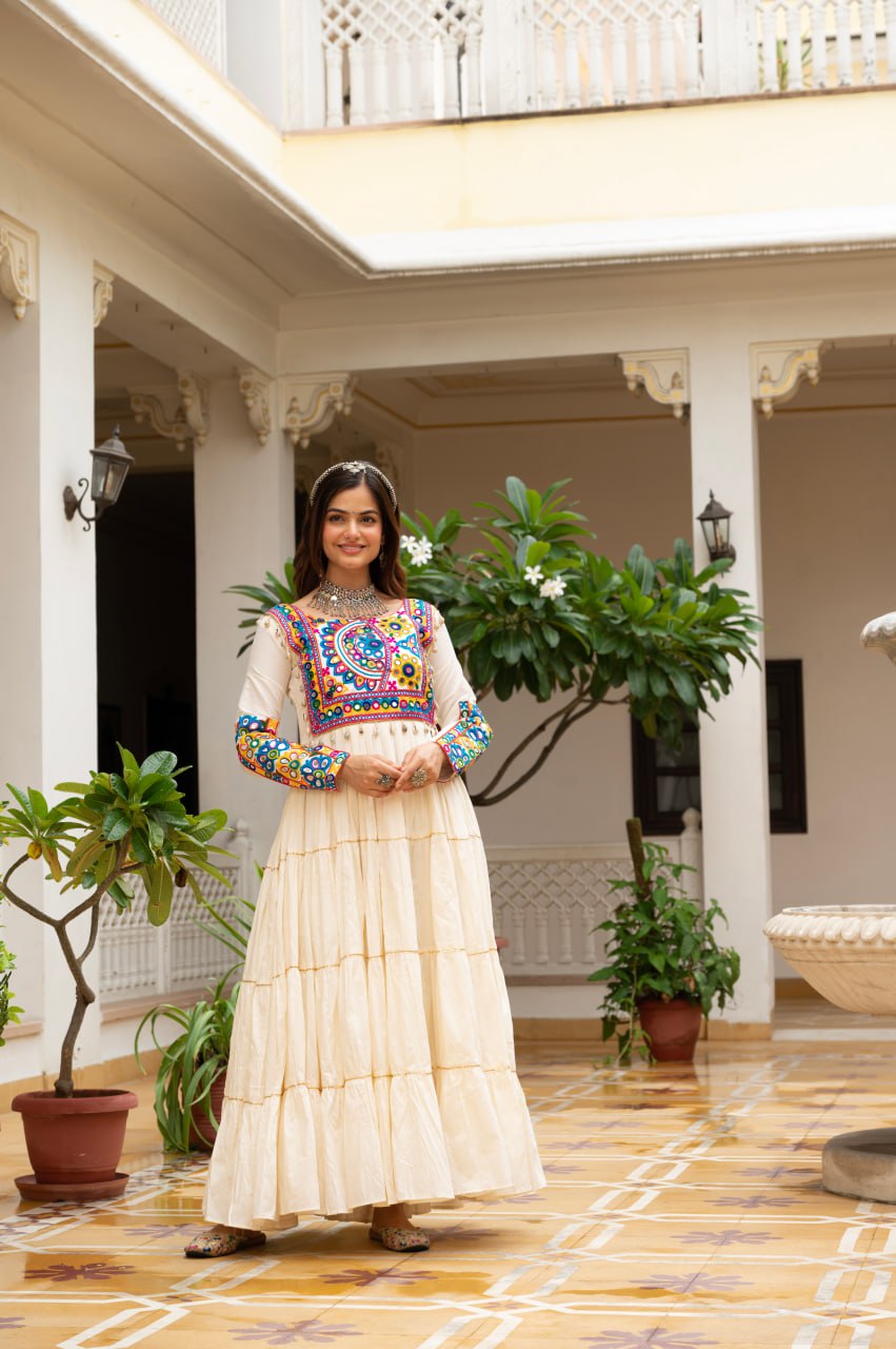 Off-White Kora Cotton Kutchi Gamthi Mirror Work and Kodi Lace Gown