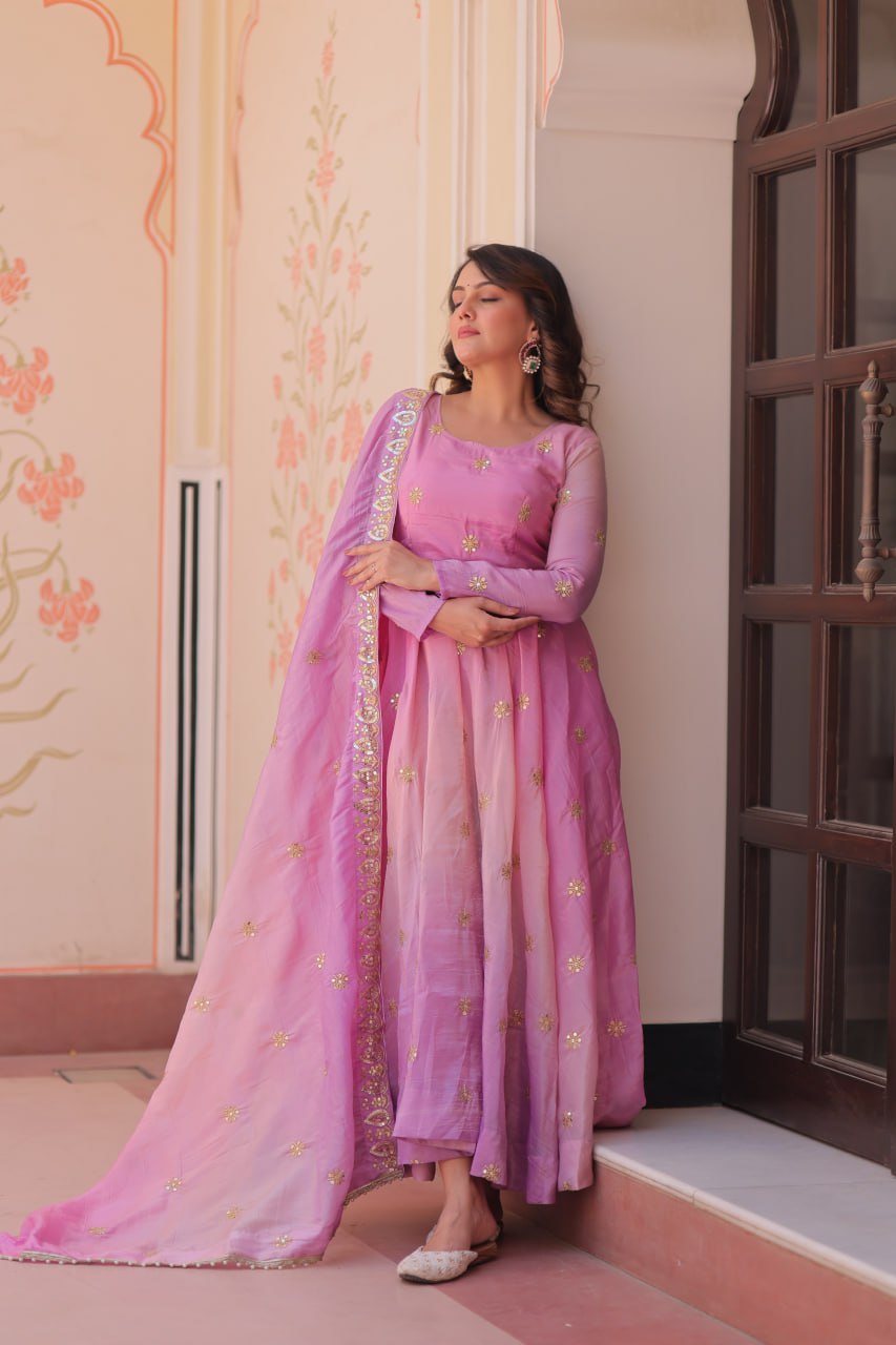 Pink Organza Flair Sequins Zari Embroidery Gown with Dupatta
