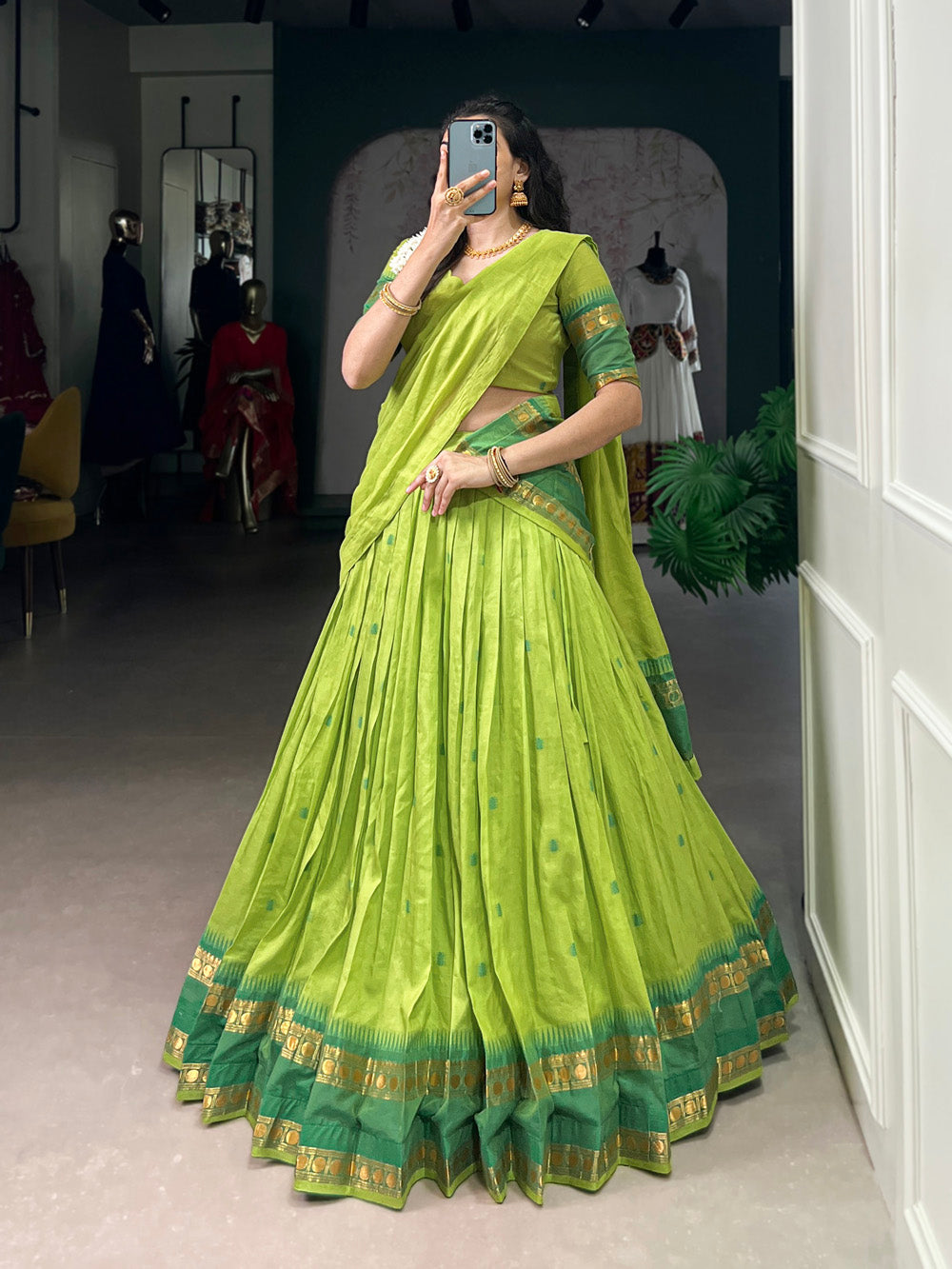 Green Chanderi Zari Weaving Work Half-Saree Lehenga