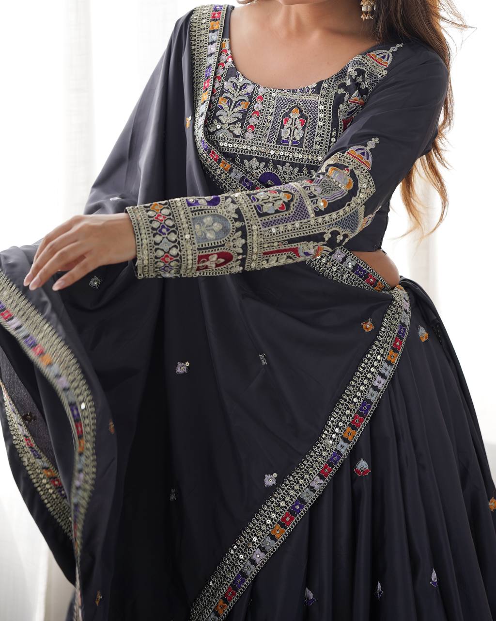 Kavyani Natural Crepe Silk Grey Lehenga Choli