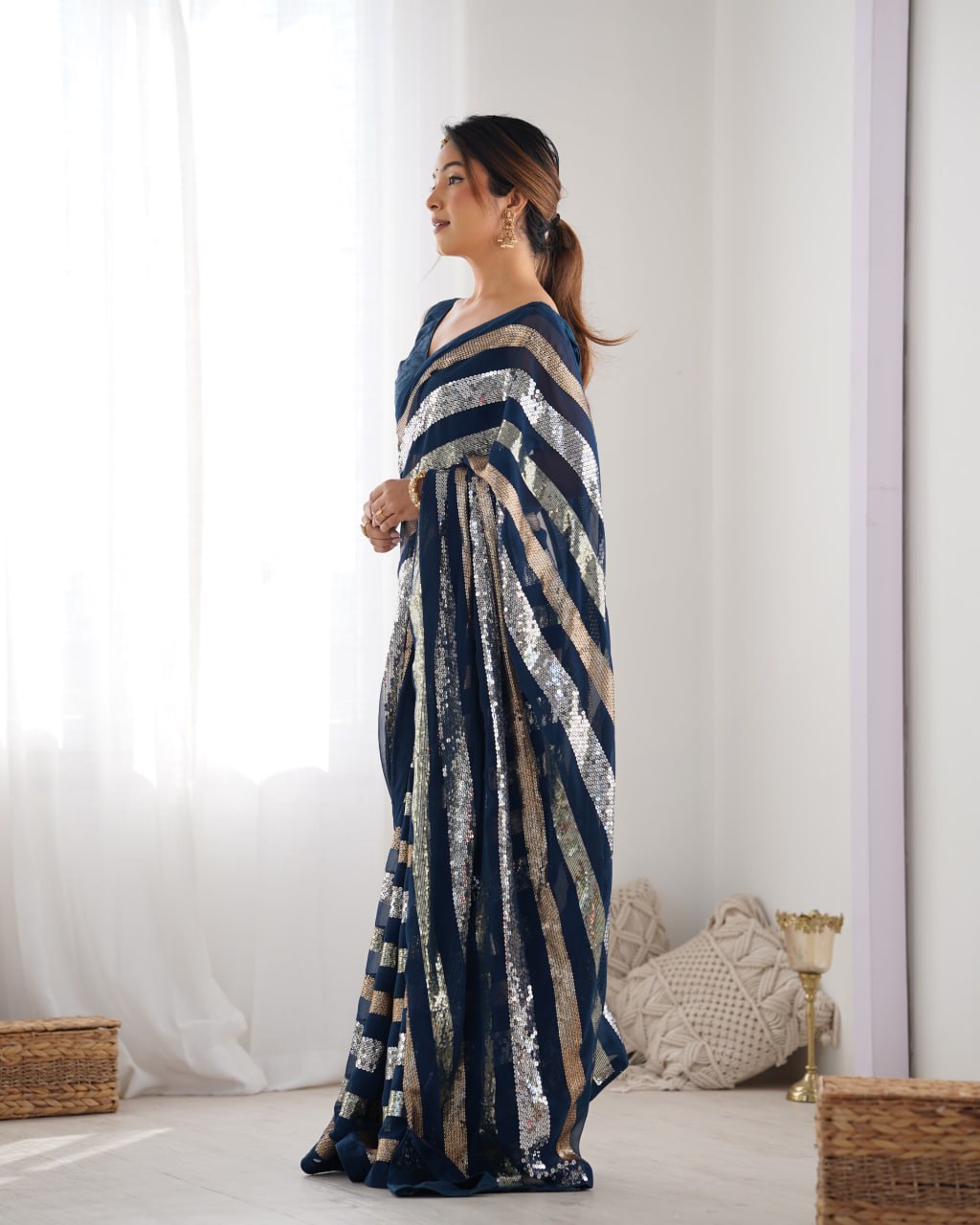 Kira Navy Blue Sequin Embroidery Georgette Saree