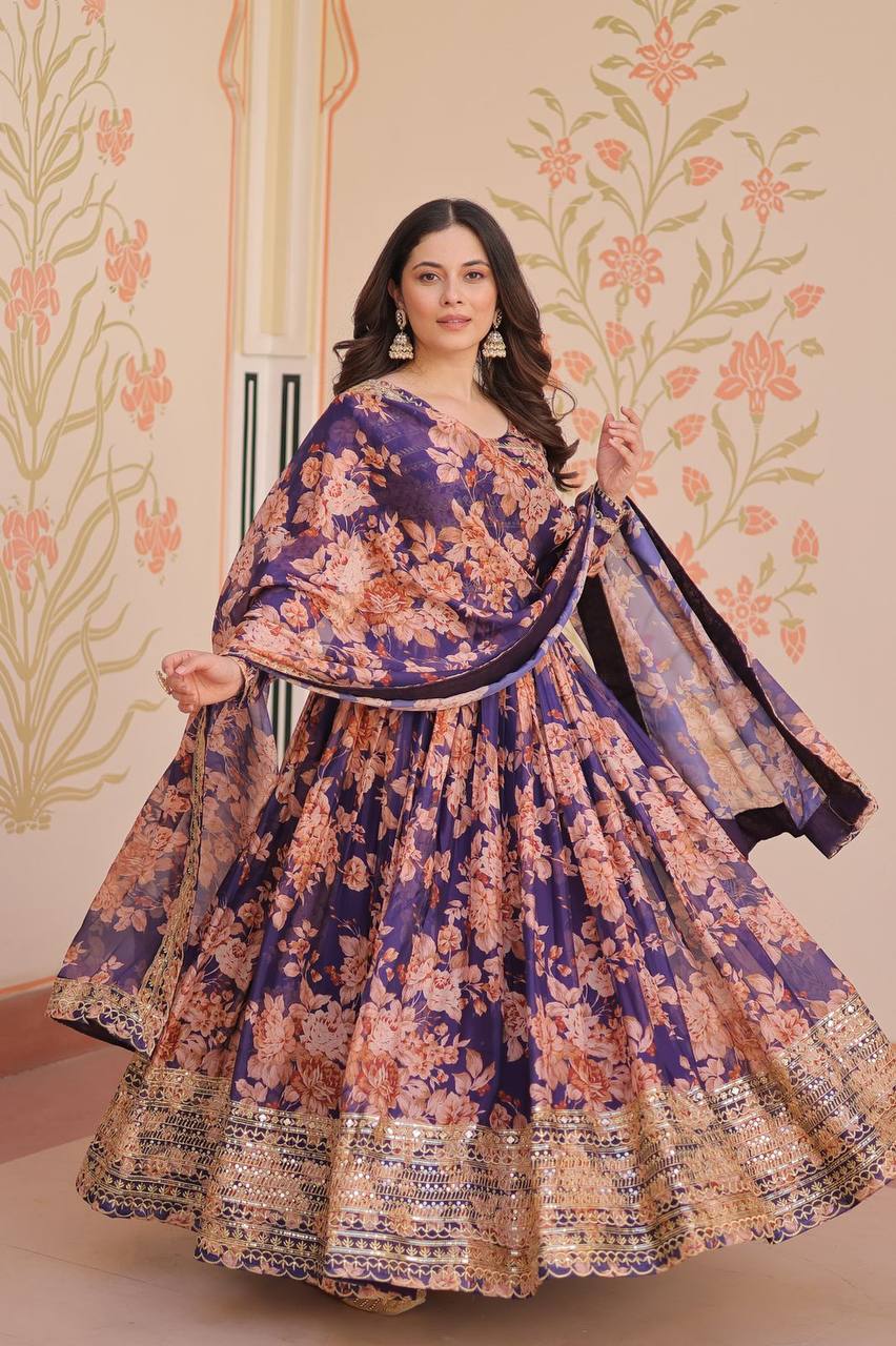 Purple Russian Silk Print Embroidered Sequins Work Gown with Dupatta