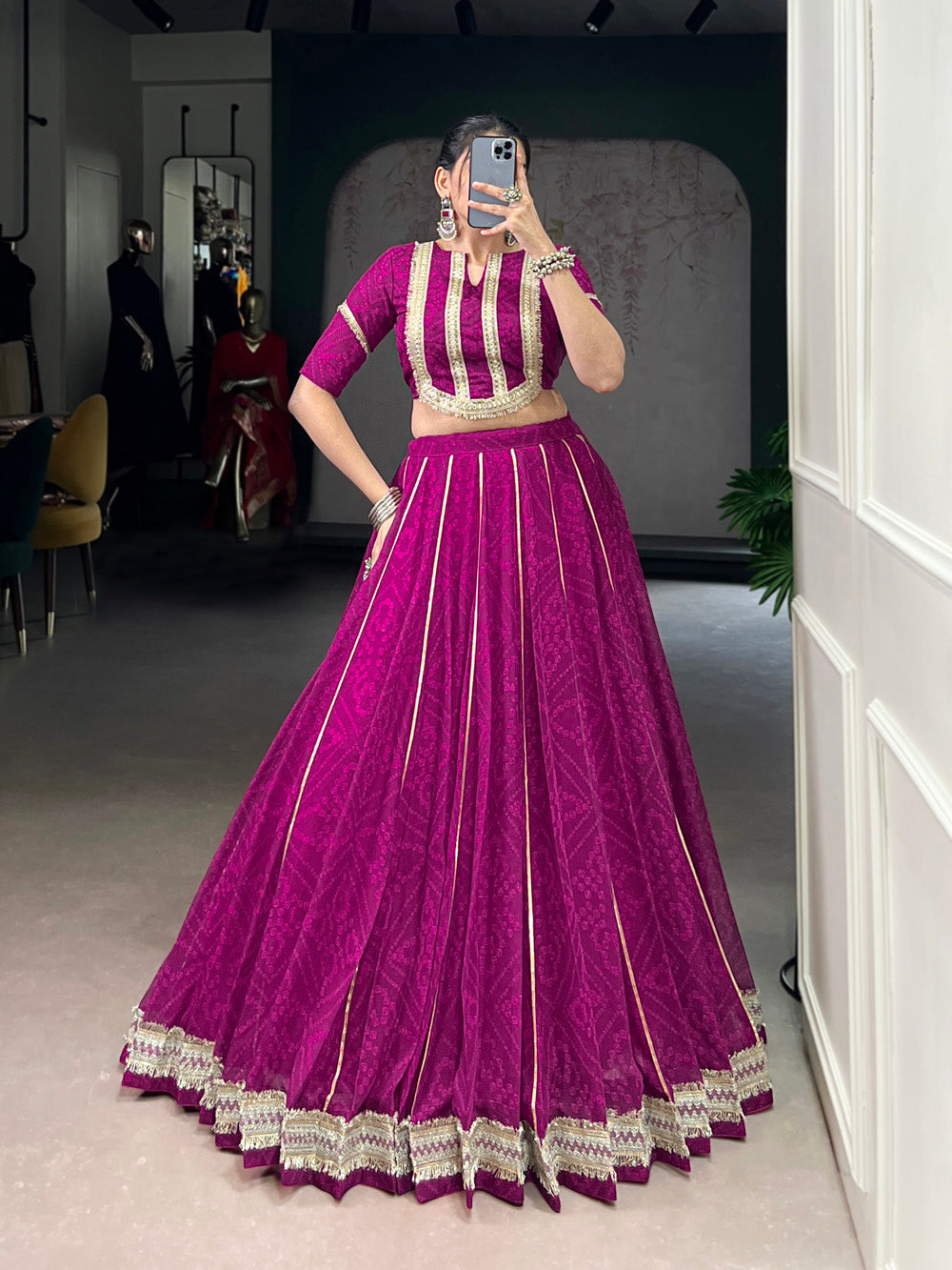 Wine Color Chiffon Bandhej Print Gota Patti Lace Work Lehenga Choli