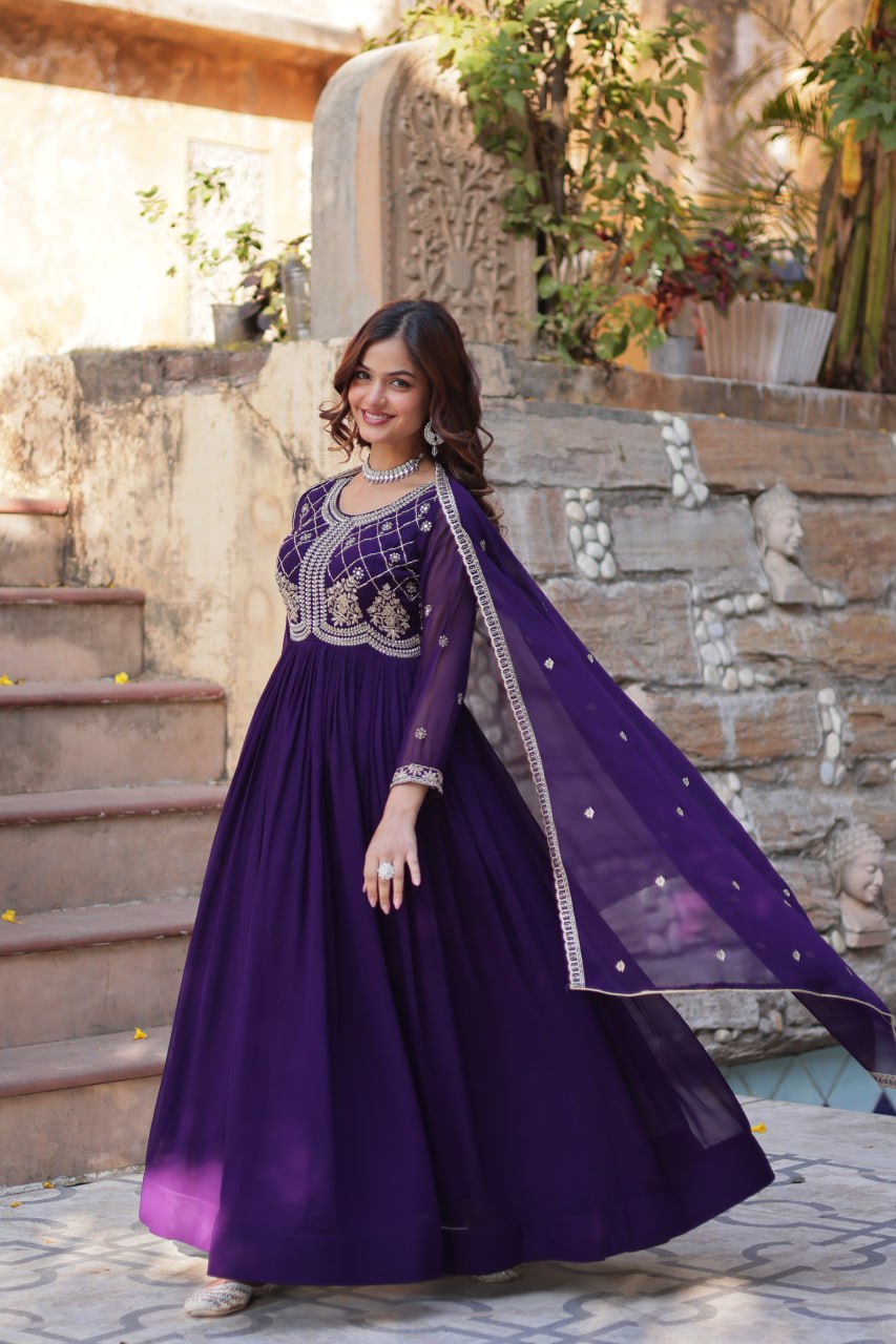 Chamvika Purple Designer Gown with Dupatta – party wear gown for women, long gown for wedding, Indian ethnic gown online, sequin embroidered gown, purple gown for reception, full sleeve gown dress, Indo western gown for girls, traditional Indian wear, stylish gown for engagement, readymade gown for festival, bridal gown with dupatta.