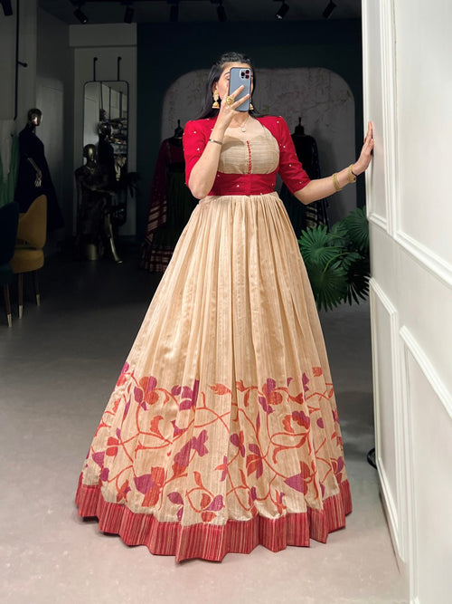 Beige silk printed gown with embroidered koti for wedding functions