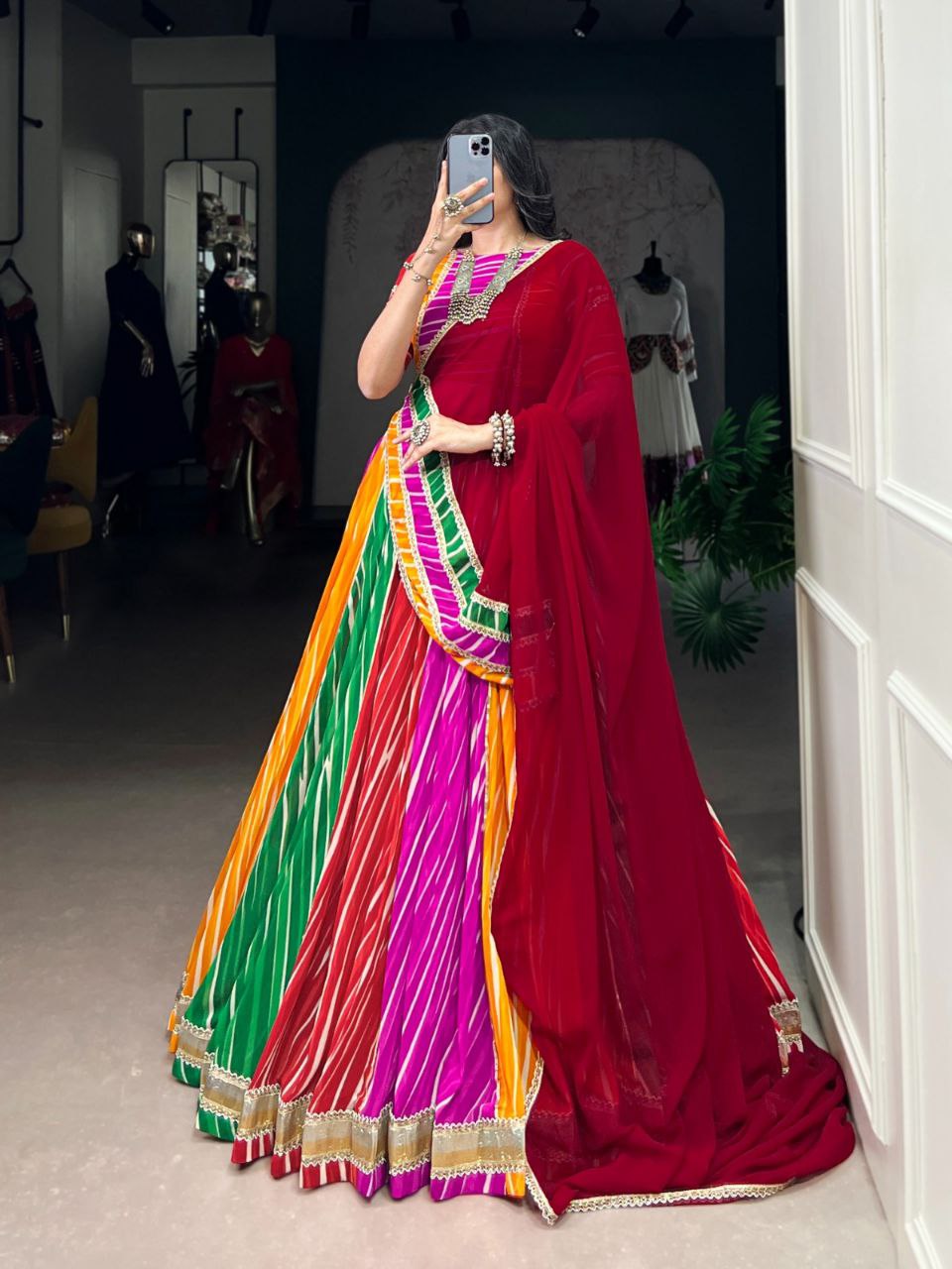 Multicolor georgette Leheriya print lace work Navratri lehenga choli