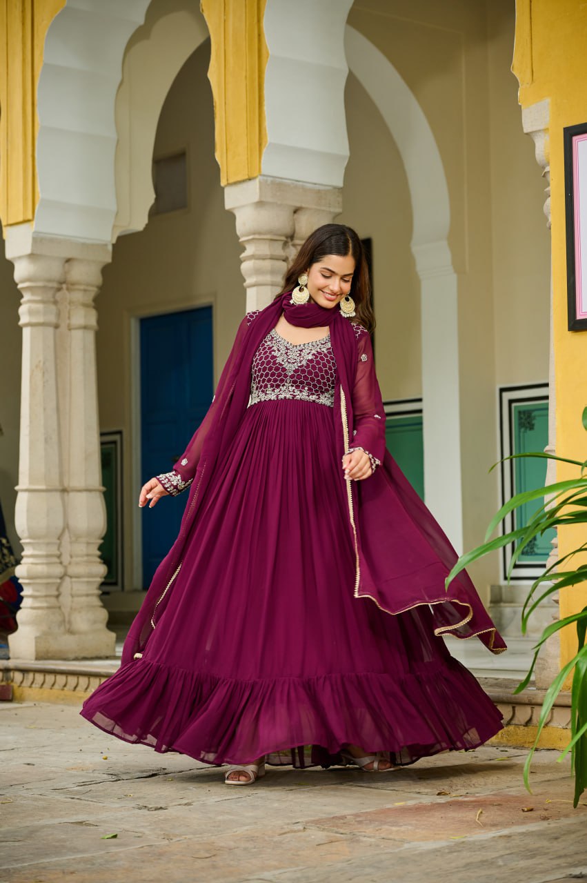 Wine Color Faux Blooming Beads Embroidered Gown with Dupatta