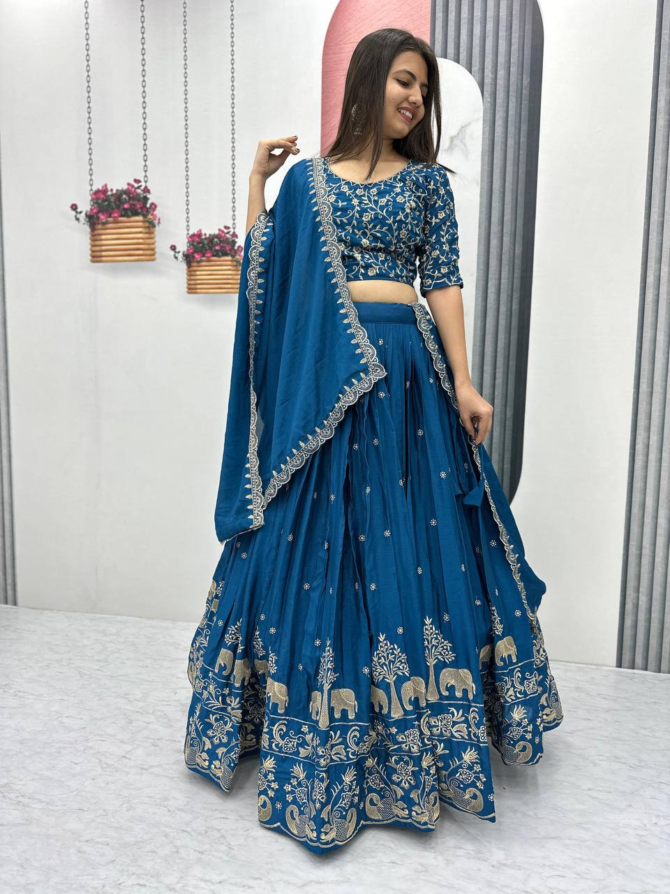 Kanupriya blue chinon embroidered lehenga choli set