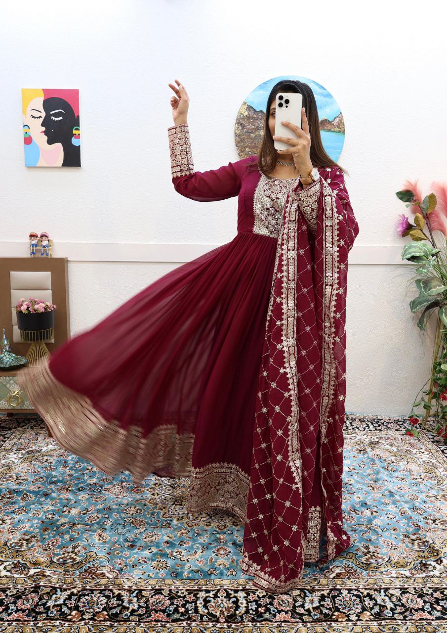 Brindha Maroon Georgette Anarkali Gown Set