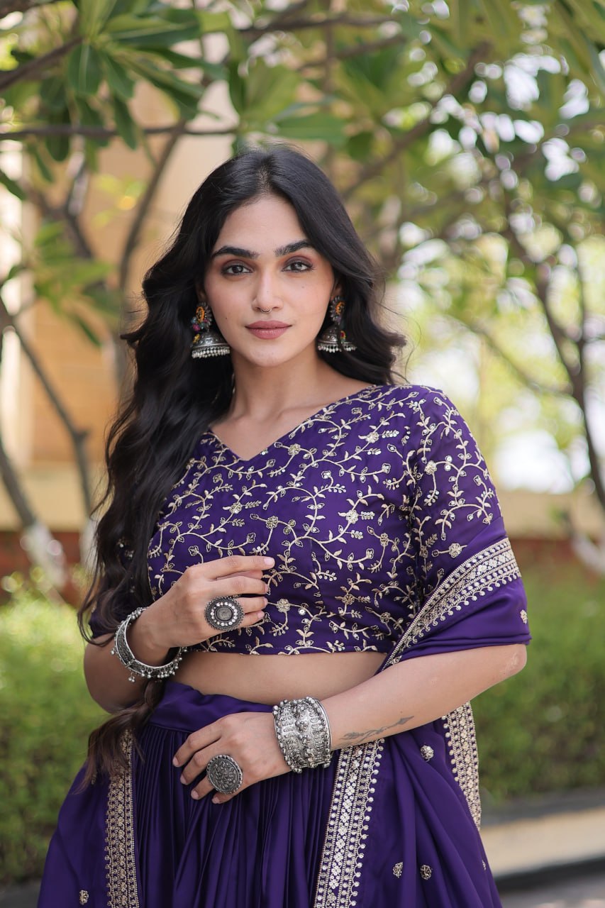 Subhadra Purple Glory Satin Embroidery Zari Sequins Lehenga