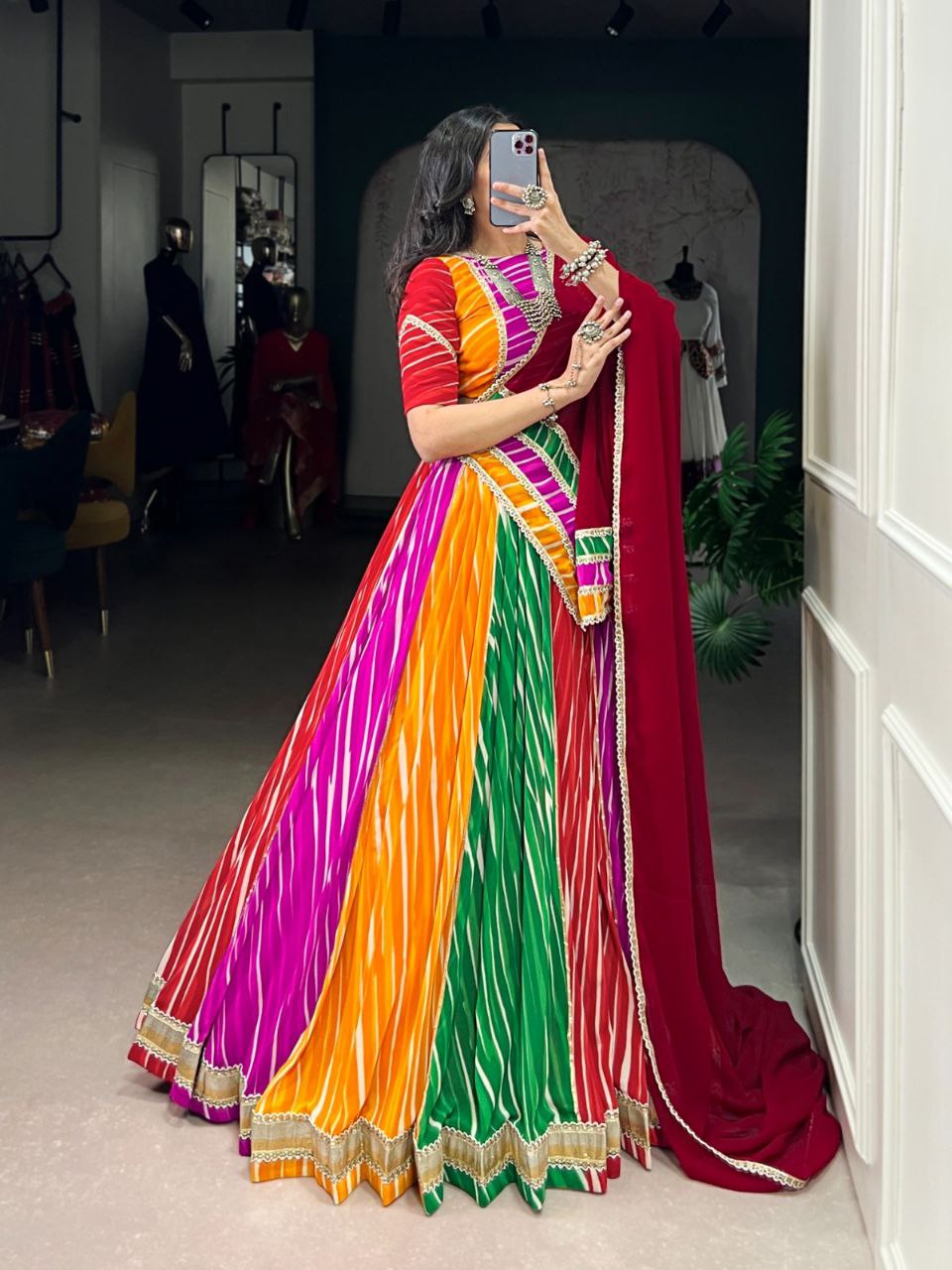 Multicolor georgette Leheriya print lace work Navratri lehenga choli
