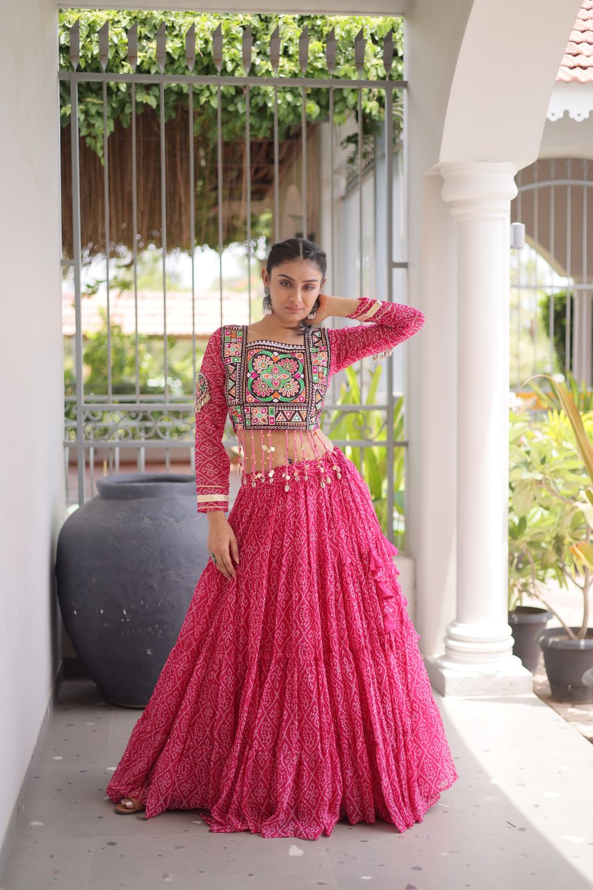 Anjali Pink Faux Georgette Bandhani Kutchi Patchework Lehenga