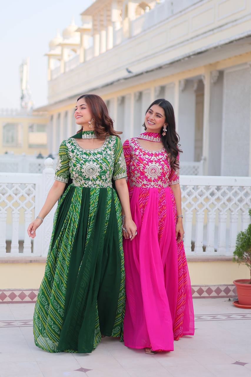 Saanvi Pure Bandhej Georgette Embroidered Gown Set