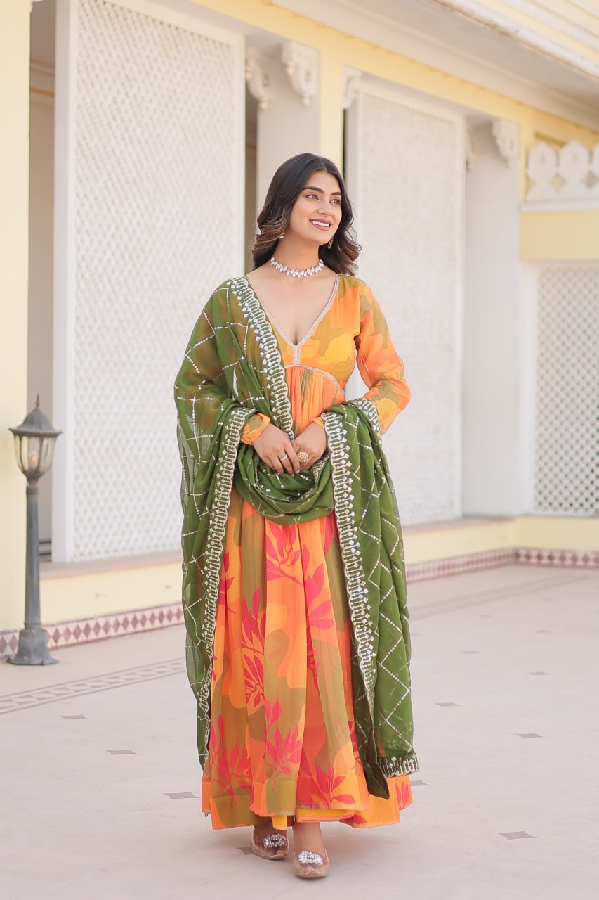 Savitri russian silk printed alia cut orange anarkali suit set