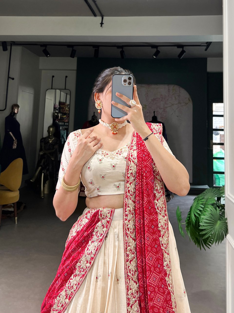 Off-white Vichitra silk embroidered lehenga choli with Bandhej dupatta