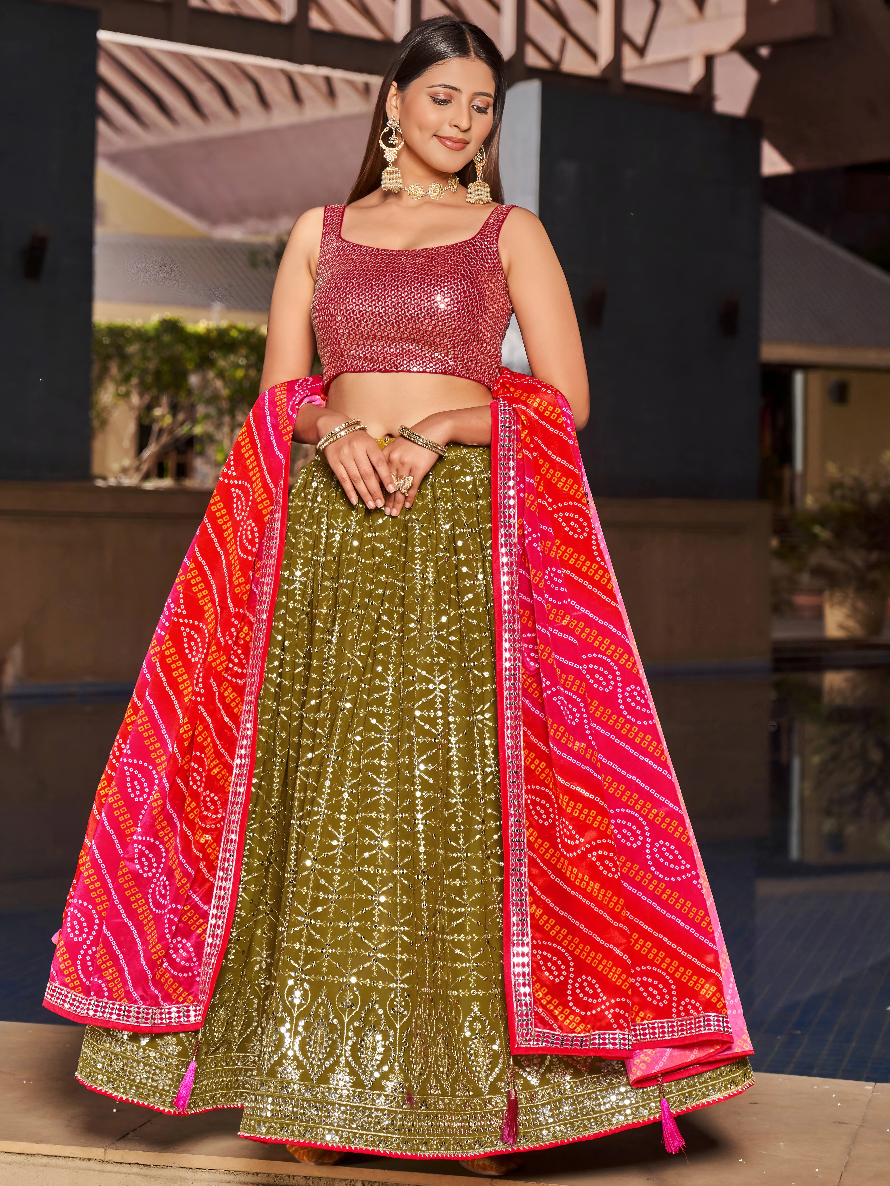 Navya Olive Green Color Embroidered Lehenga Choli with Bandhani Dupatta