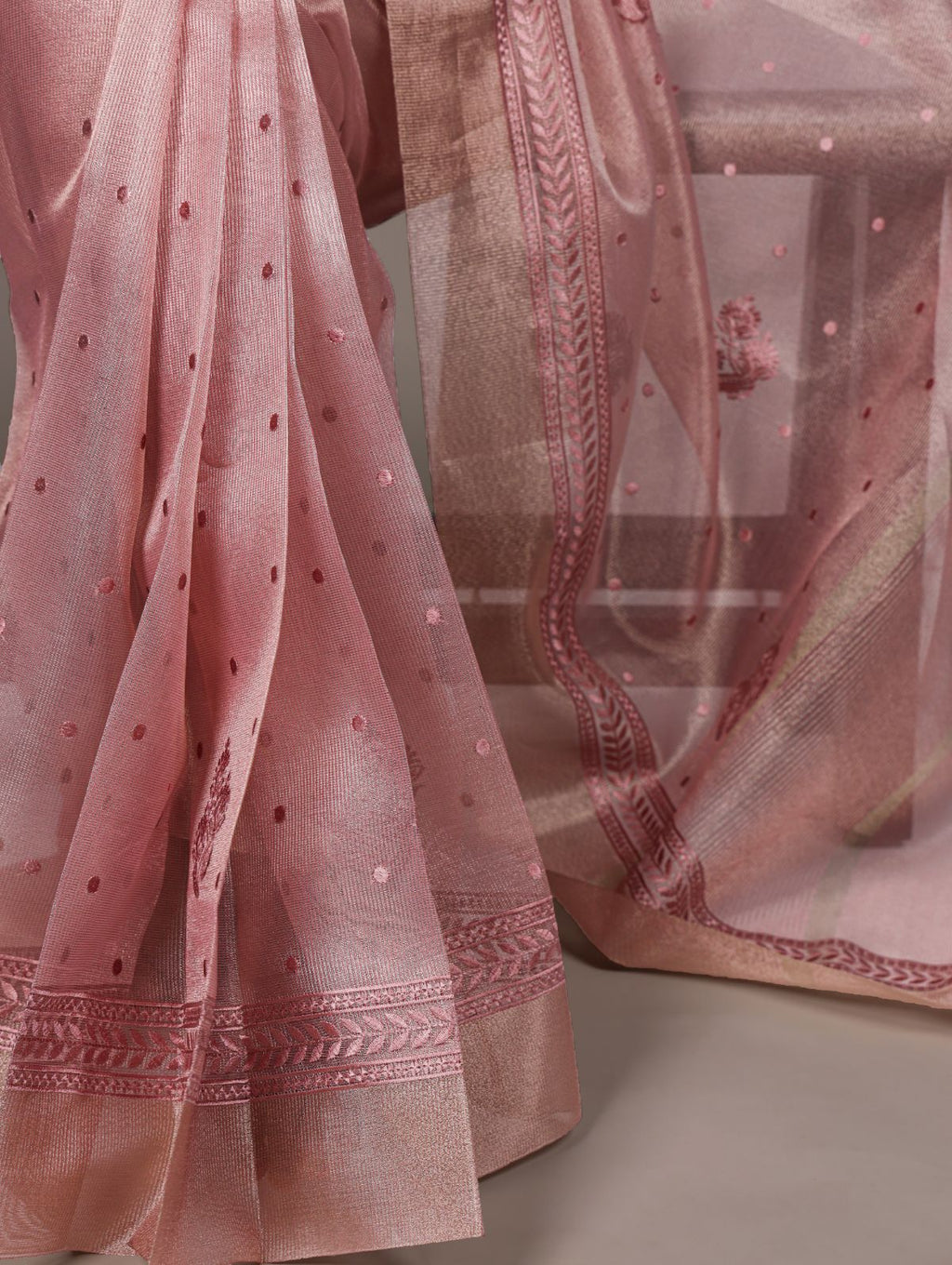 Light Pink Color Poly Shimmer Thread Embroidered Saree with Unstitched Blouse
