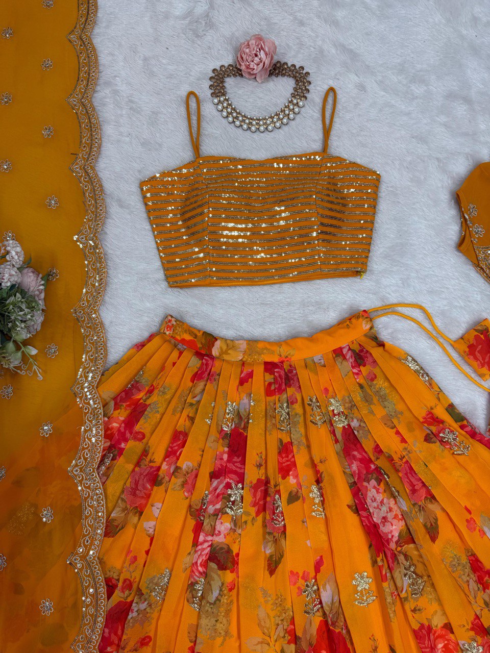 Yellow lehenga choli for Haldi, embroidered georgette lehenga with jacket, digital print lehenga, wedding lehenga set, Trinaari festive wear.
