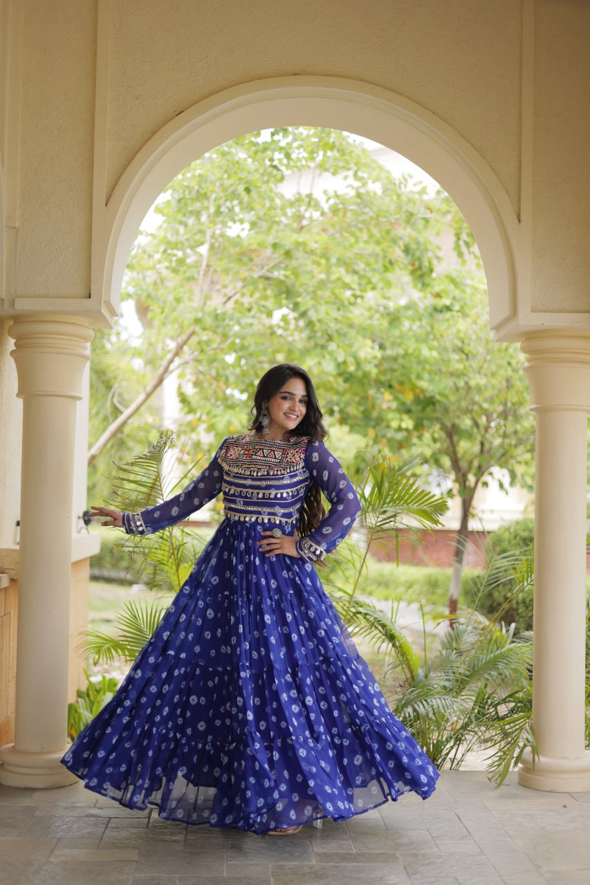 Lavanya Blue Faux Georgette Bandhani Kutchi Patchwork Gown