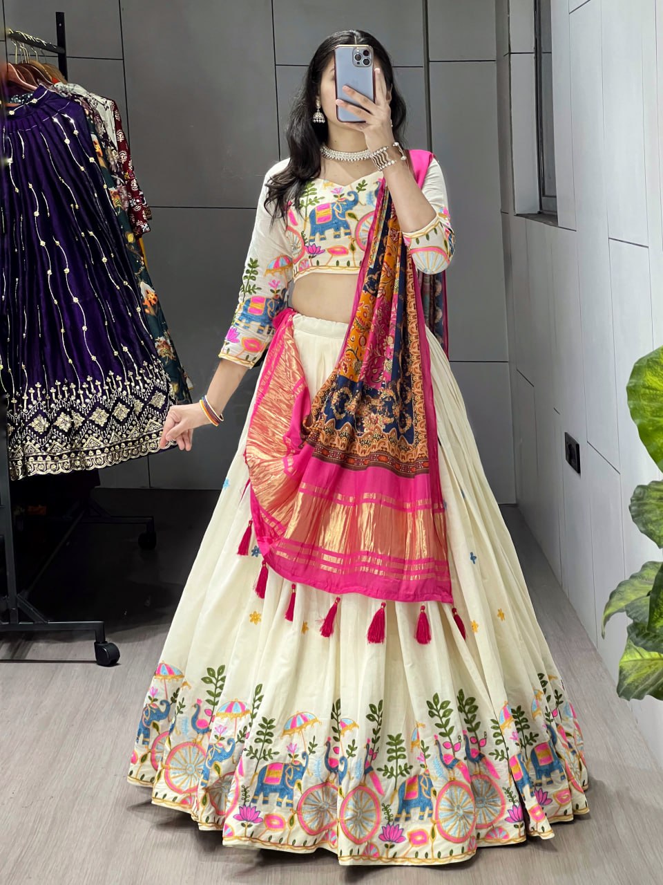 Off-White Cotton Embroidered Lehenga with Pink Color Gaji Silk Dupatta
