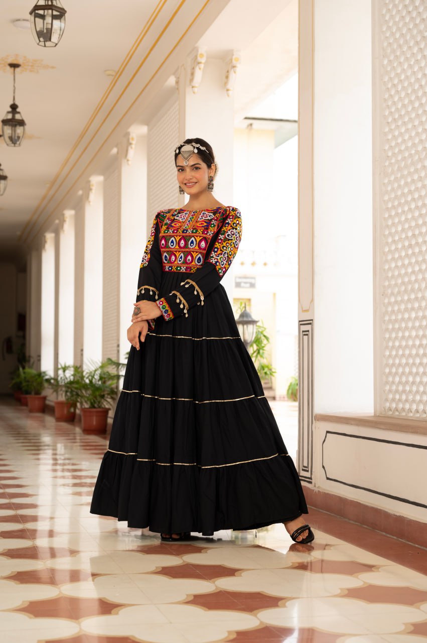 Black Kora Cotton Kutchi Gamthi Mirror Work and Kodi Lace Gown