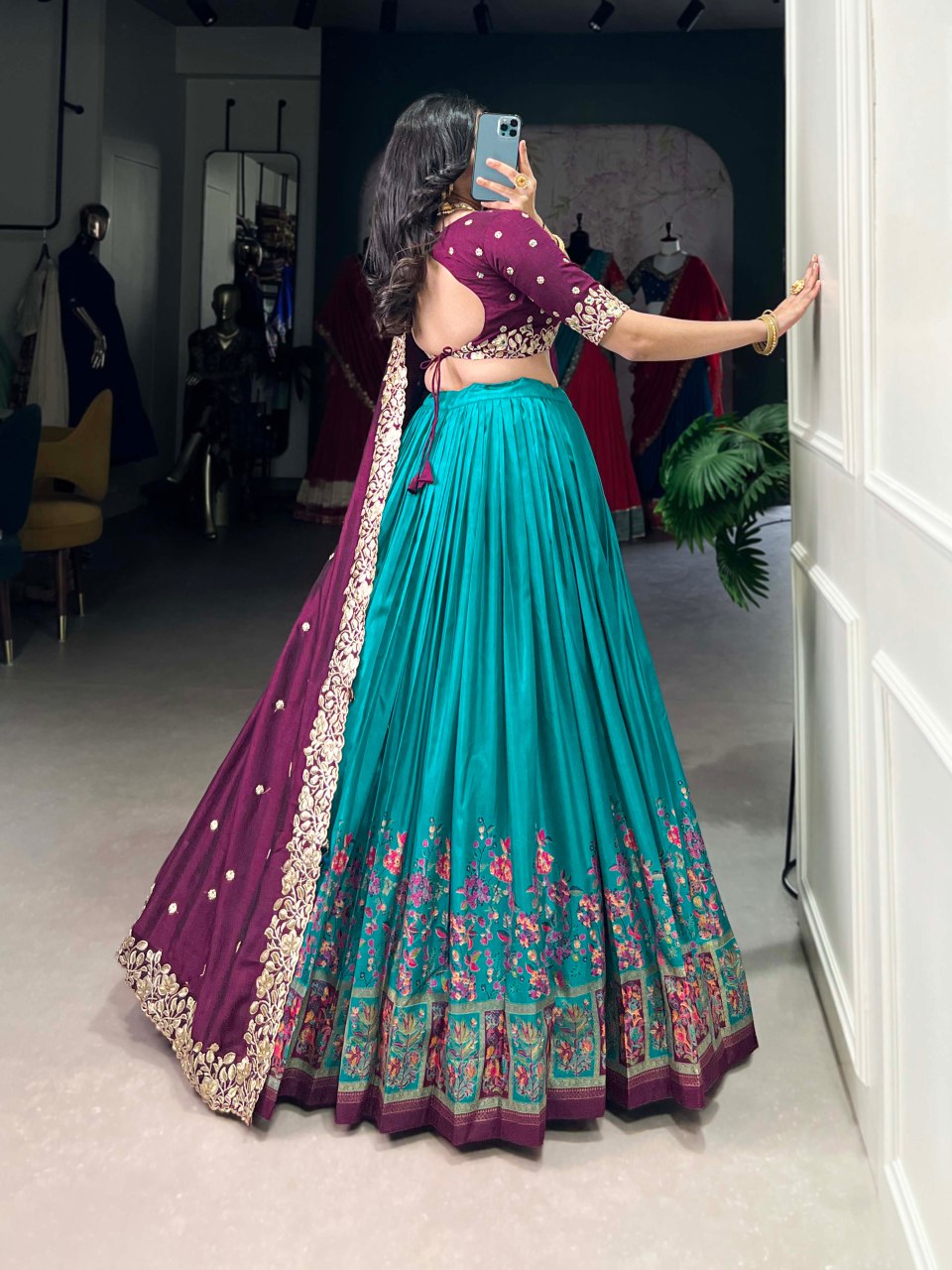 Teal Tussar silk lehenga with foil print and embroidered dupatta