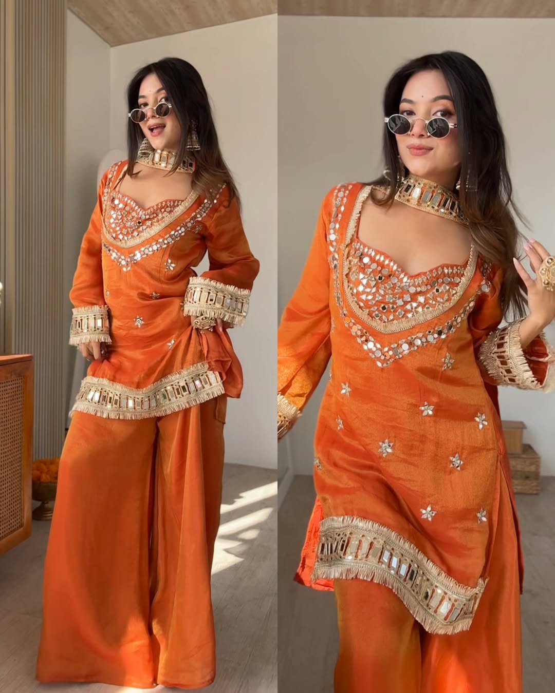 Suhani Orange Fendy Silk Real Mirror Work with Lace Border Kurti Sharara Set