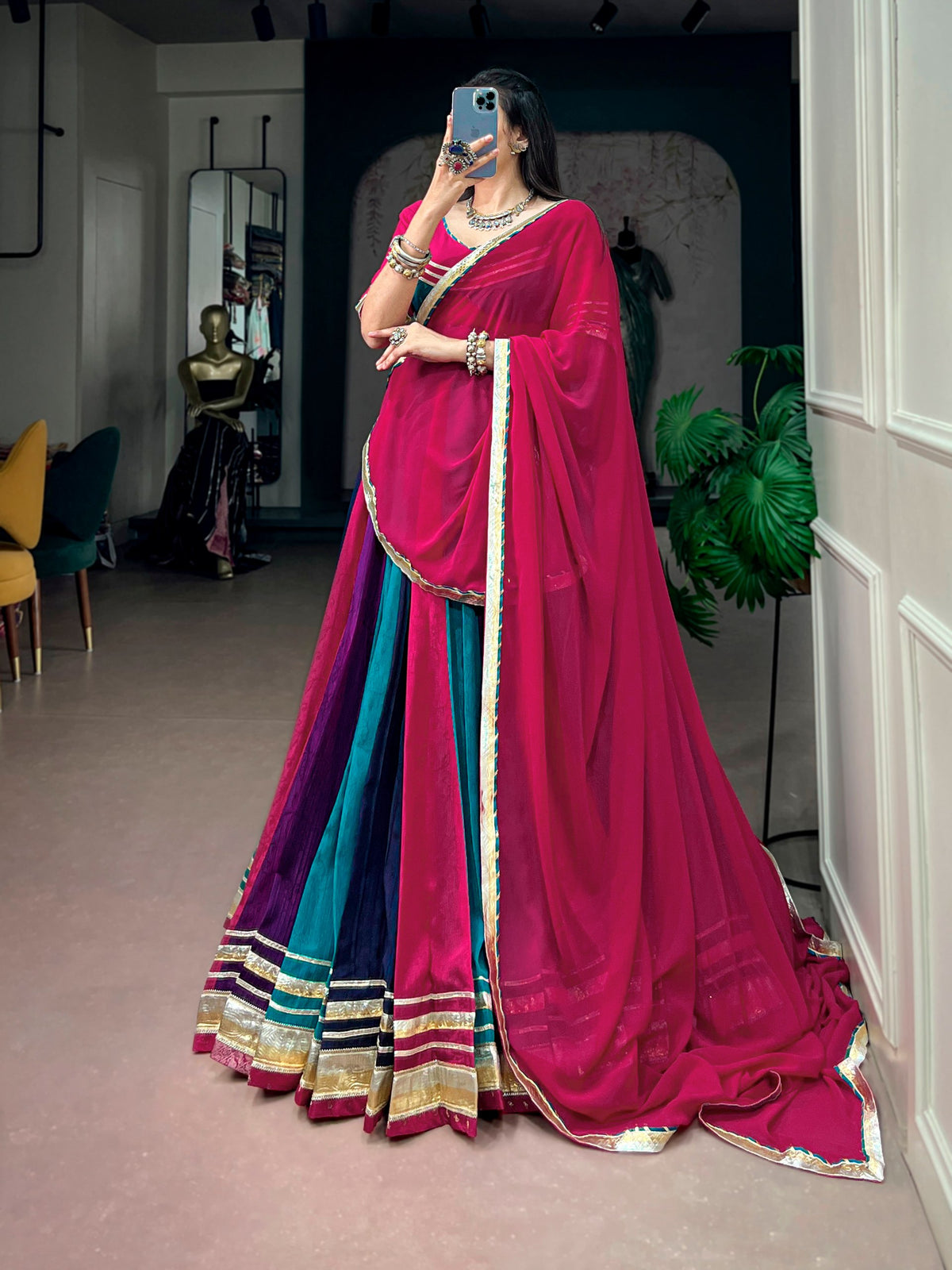 Naina Multicolor Chinon Embossed Lace Lehenga Choli