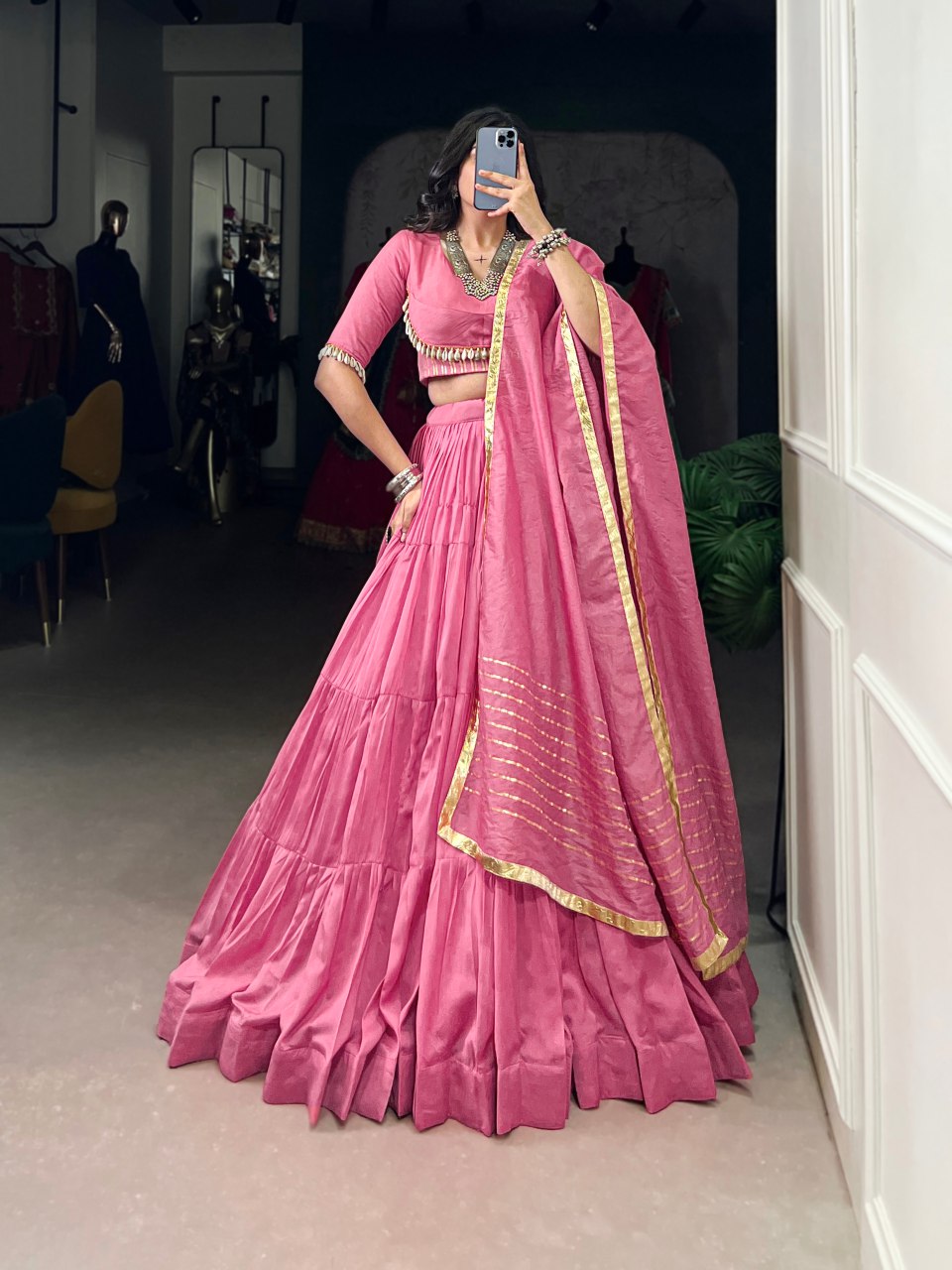 Pink Pure Chanderi Cowrie Work Lehenga Choli With Dupatta