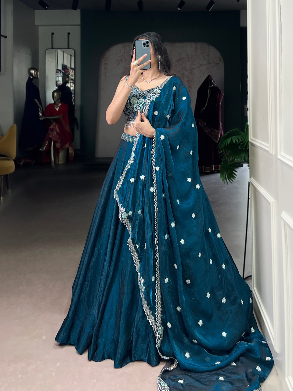 Teal blue fendi silk lehenga choli with embroidery sequins thread work and dupatta
