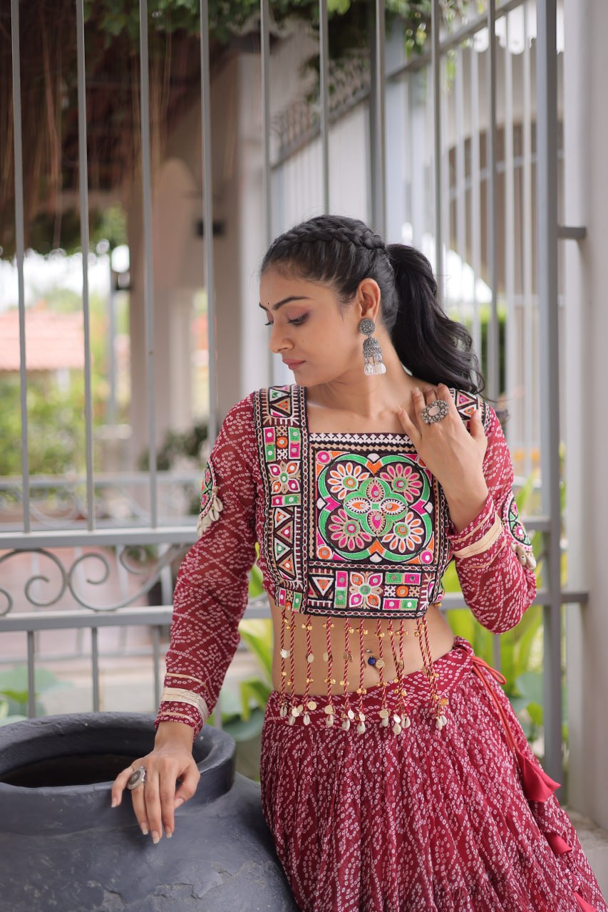 Anjali Brown Faux Georgette Bandhani Kutchi Patchework Lehenga