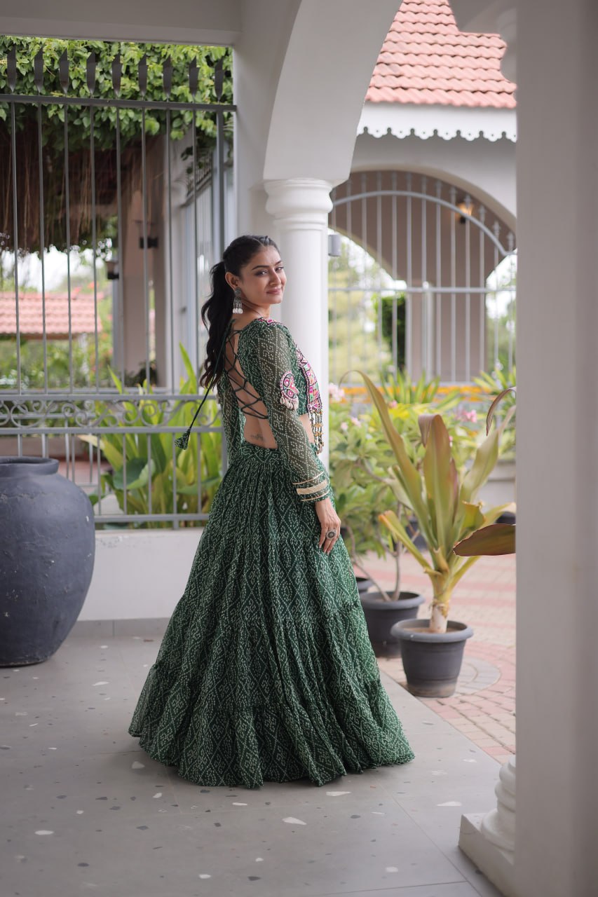 Anjali Green Faux Georgette Bandhani Kutchi Patchework Lehenga