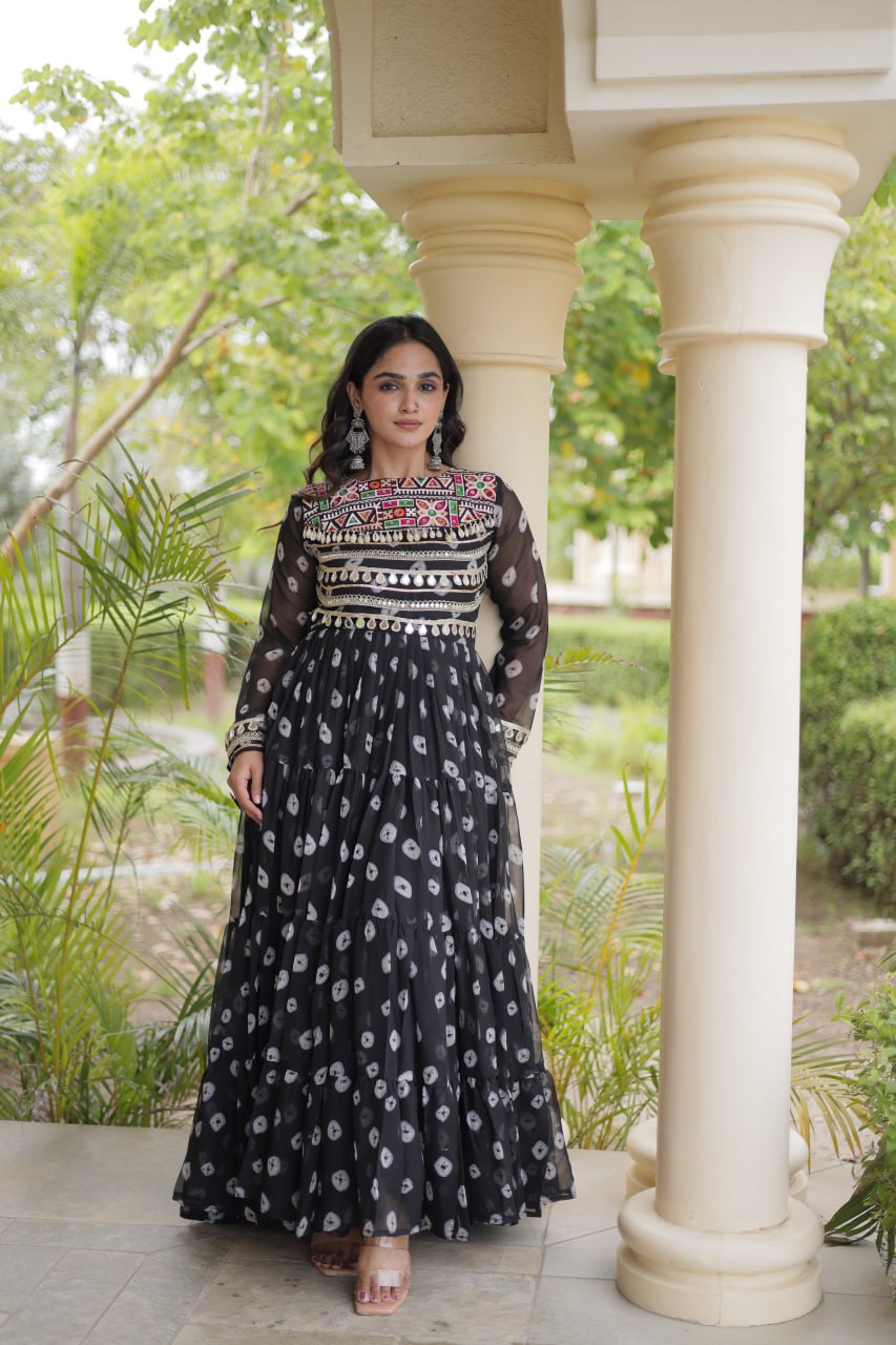 Lavanya Black Faux Georgette Bandhani Kutchi Patchwork Gown