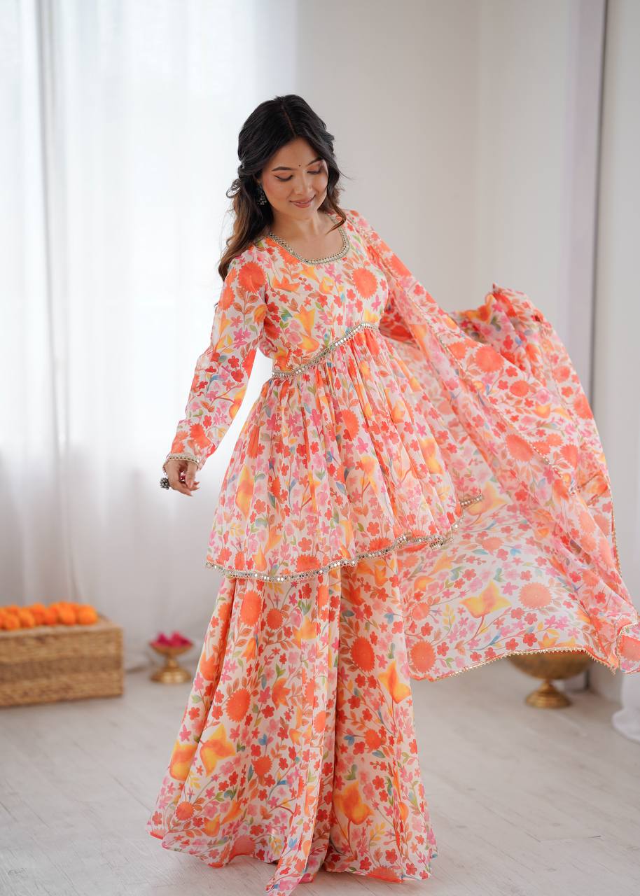 Orange pure soft taby organza floral print Kediya kurta set