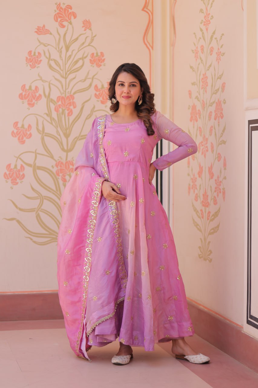 Pink Organza Flair Sequins Zari Embroidery Gown with Dupatta