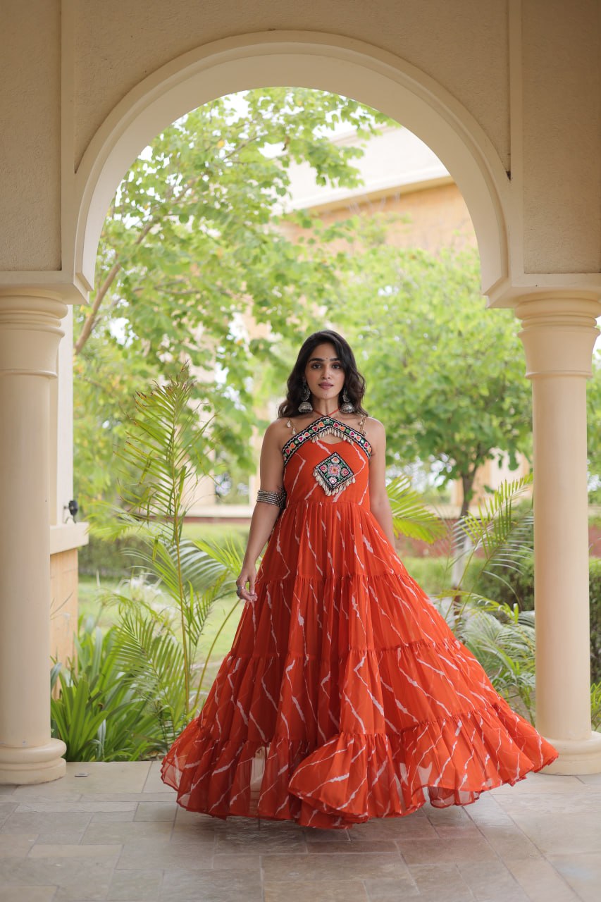 Bhavna Orange Faux Georgette Laheriya Kutchi Patchework Gown