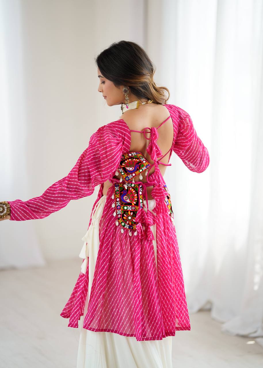 Pink Georgette Top with Digital Print and Thread Work Butter Silk Gota Patti Work Lehenga