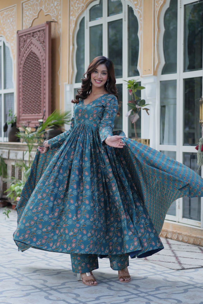 Blue pure cotton Anarkali suit set for women with soft dupatta, lightweight ethnic outfit featuring traditional block prints, flared kurta with matching pants, ideal for summer functions, daily Indian wear, office outfits, and casual ethnic fashion in breathable cotton fabric.