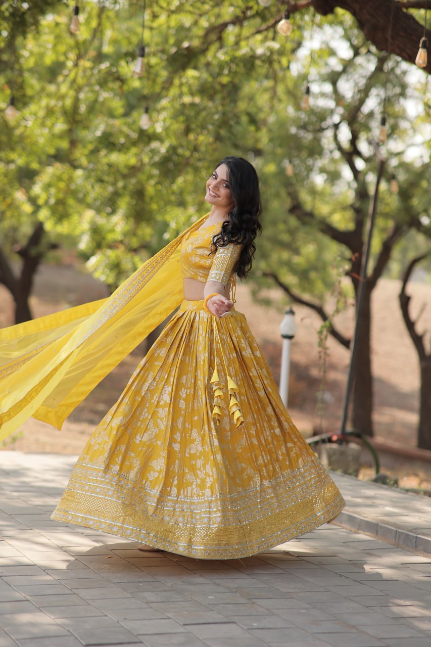 Pranshi yellow viscose jacquard lehenga choli set