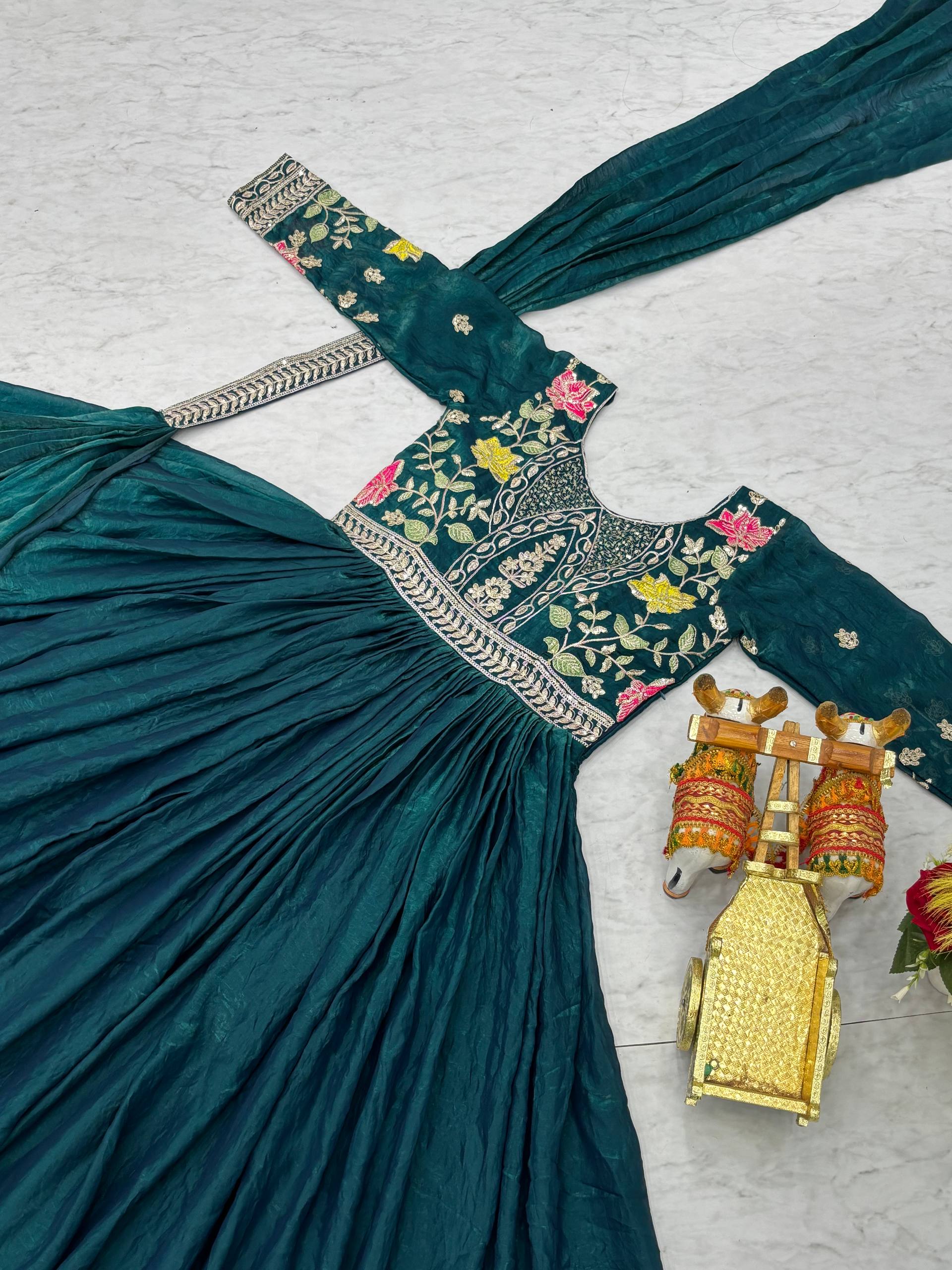 Dipa Teal Blue Color Fendy Silk Embroidery Sequins Thread Work Gown with Dupatta