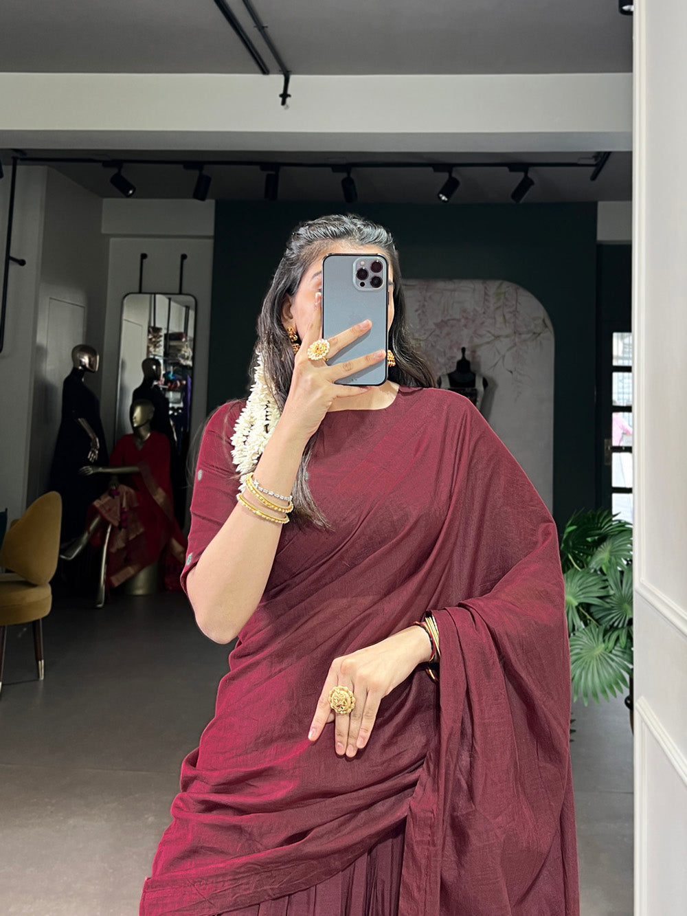 Maroon Chanderi Zari Weaving Work Half-Saree Lehenga