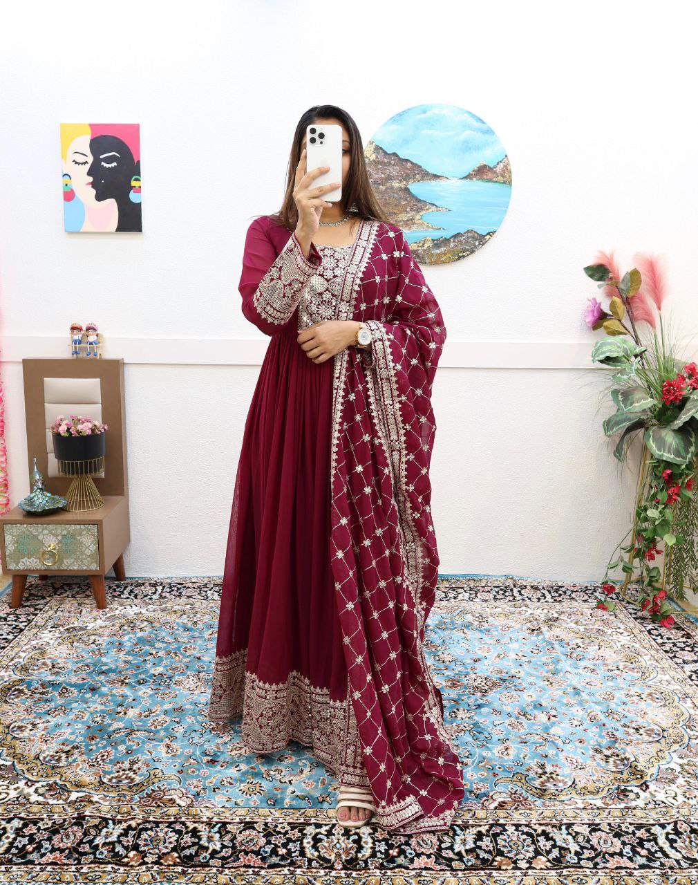 Brindha Maroon Georgette Anarkali Gown Set