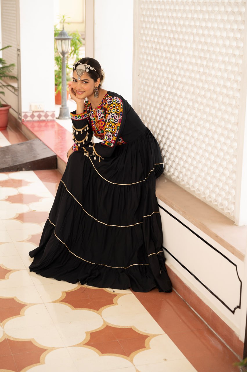 Black Kora Cotton Kutchi Gamthi Mirror Work and Kodi Lace Gown