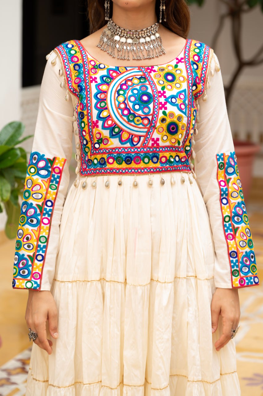 Off-White Kora Cotton Kutchi Gamthi Mirror Work and Kodi Lace Gown